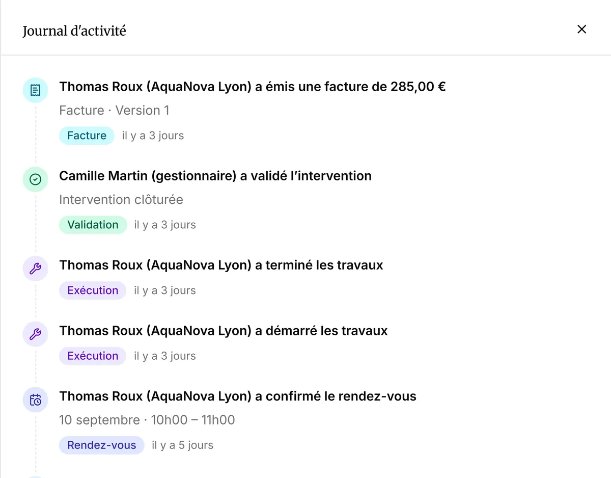 History of the Under-sink leak intervention linked to the property at 24 rue des Tilleuls