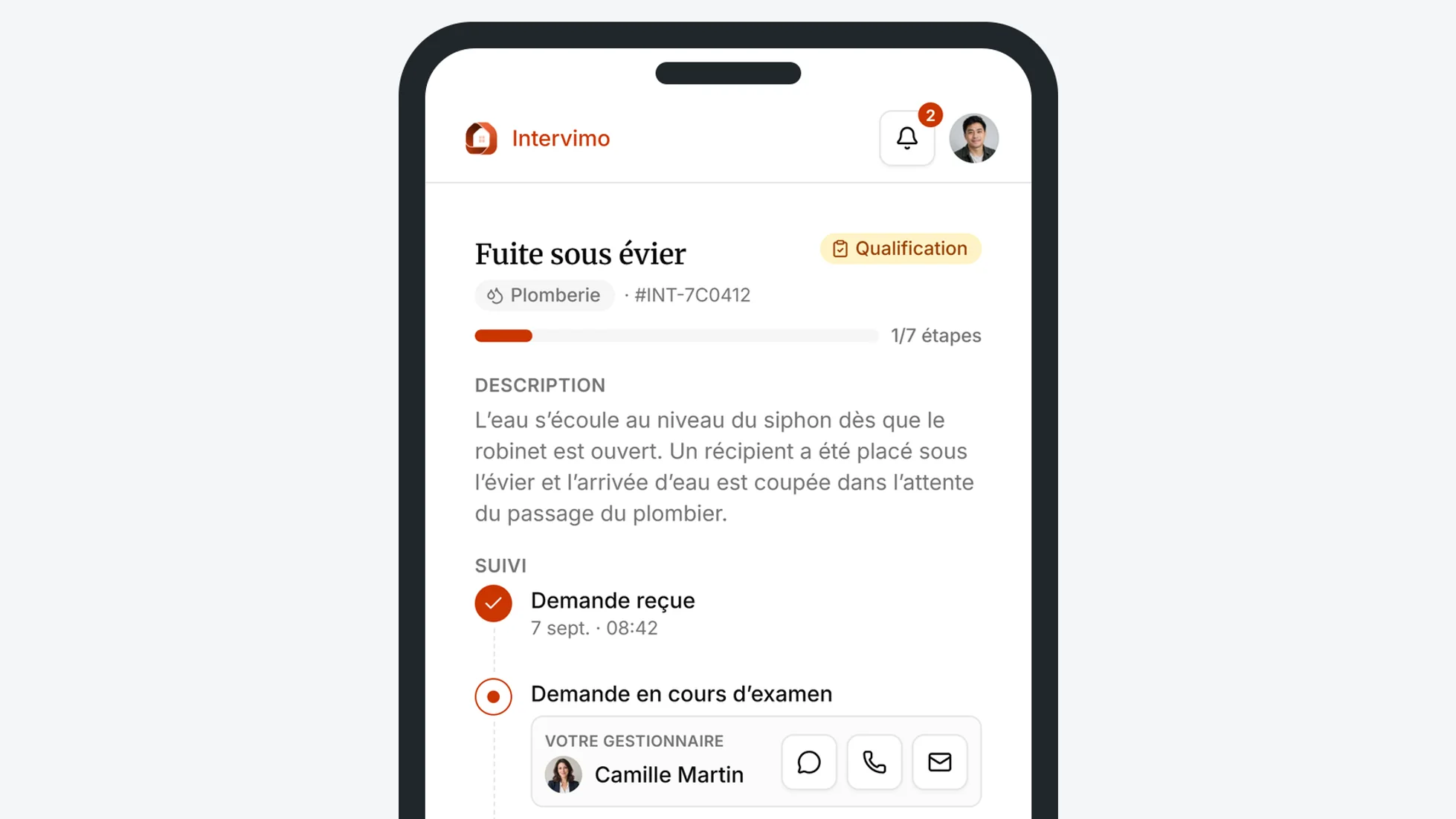 Mobile view of the Intervimo tenant workspace showing a reported intervention